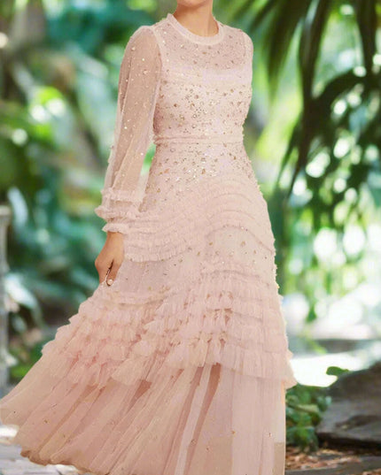 Elegant O-neck Layered Sequin High-Waist Dress for Women