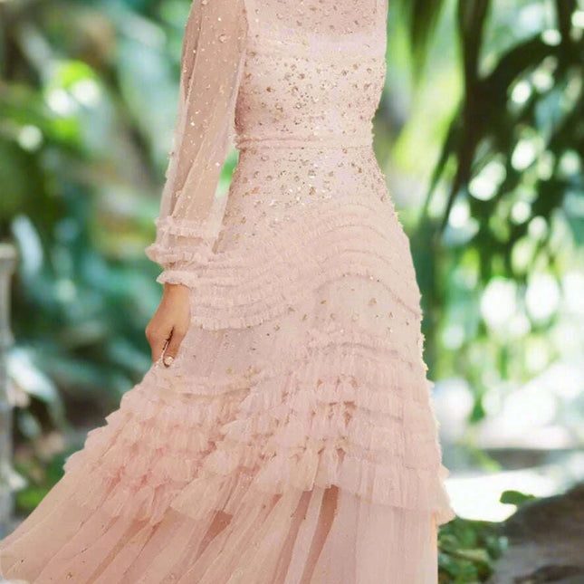 Elegant O-neck Layered Sequin High-Waist Dress for Women