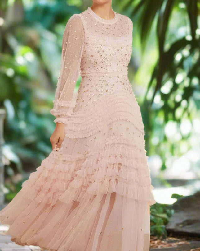 Elegant O-neck Layered Sequin High-Waist Dress for Women