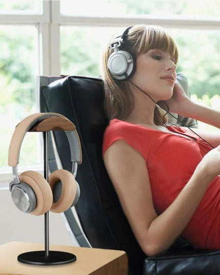 Stylish Walnut & Aluminum Alloy Headphone Stand - Modern Minimalist Earphone Holder for Desk Organization