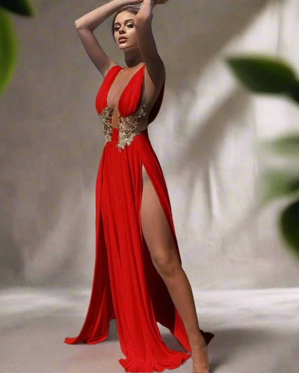 Chic Deep V-Neck Gold Embroidered Maxi Dress for Summer Evenings