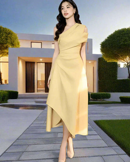 Asymmetrical Evening Dress with Diagonal Collar and Pleated Waist