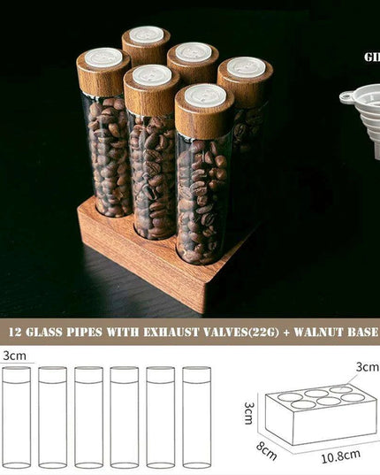Stylish Walnut Base Coffee Bean Display Organizer with Elegant Glass Tubes
