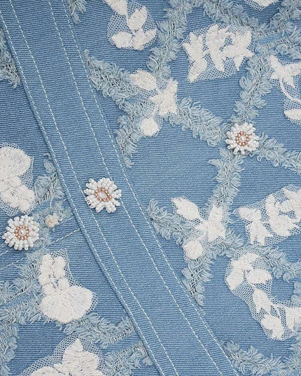 Chic Embroidered Denim Evening Gown with Diamond Detailing - Summer 2024 Edition