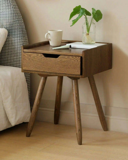 Elegant Walnut Mid Century Modern Bedside Table with Storage Drawer - Premium Solid Ash Wood Nightstand for Bedroom and Dorm Room