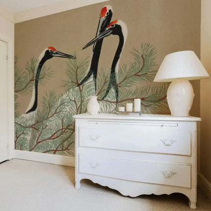 Vintage Cranes Wall Mural – Large Format Retro Bird Print, Traditional Non-Woven
