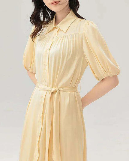 Silk Serenity Lace-Up Waist Dress - Women's Chic Solid Ensemble Exuding Feminine Charm