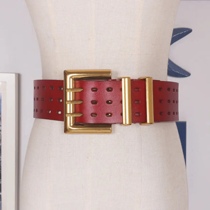 Two-Layer Cowhide Wide Belt with Bronze Buckle — 5.8cm Women’s Leather