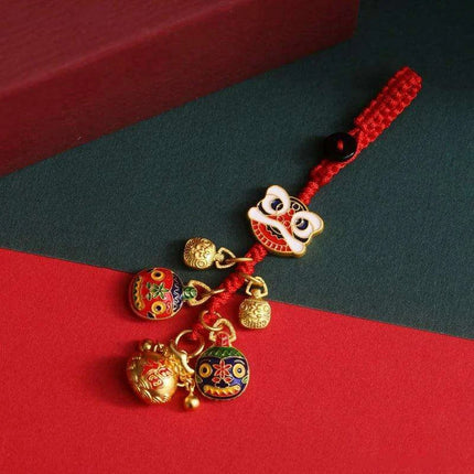 Lucky Fortune Cat Brass Keychain with Five Emperors Coin Charm