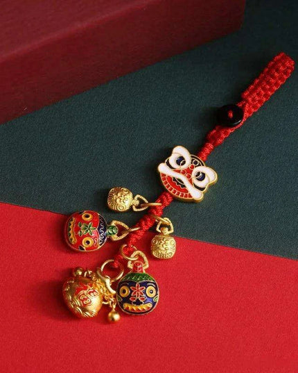 Lucky Fortune Cat Brass Keychain with Five Emperors Coin Charm