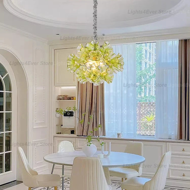Modern Green Murano Glass Chandelier — Handmade LED Pendant for Living Room & Dining Room