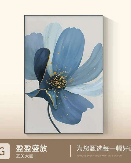 Sophisticated Blue Floral Abstract Canvas Artwork with Gold Leaf Highlights - Modern Scandinavian Home Decor