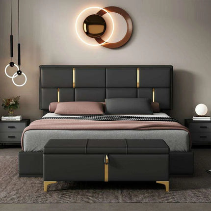 Regal Black & Gold LED Queen Bed Frame with Stylish Ottoman Storage