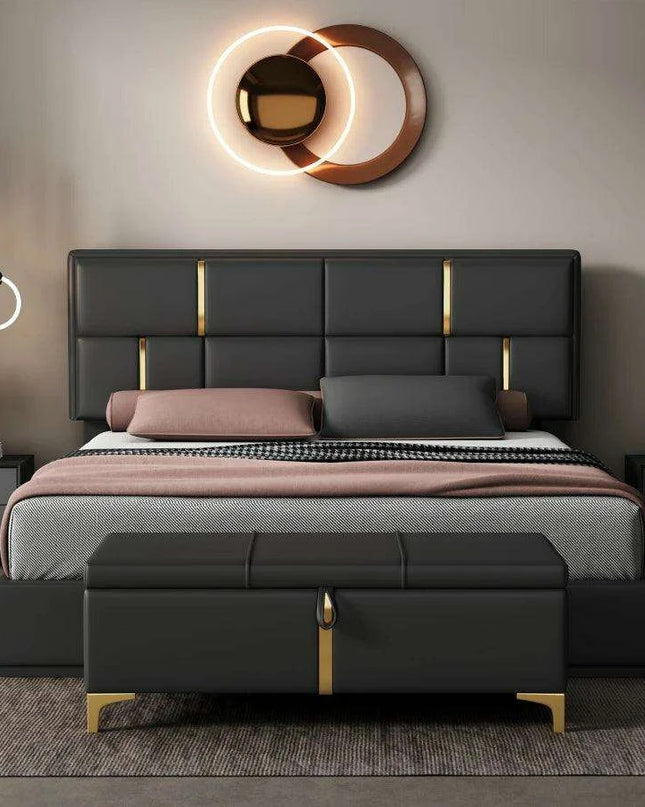 Regal Black & Gold LED Queen Bed Frame with Stylish Ottoman Storage
