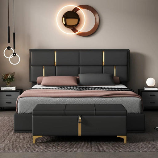 Regal LED Queen Size Bed Set with Ottoman Storage, Black & Gold