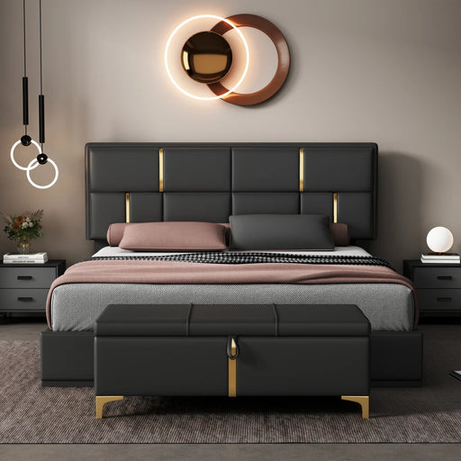 Elegant Queen Size LED Upholstered Bed Set with Storage Ottoman, Black & Gold