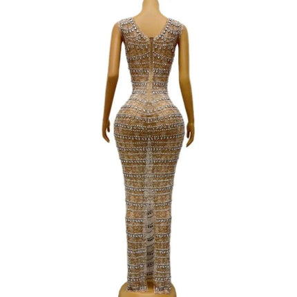 Sparkling Rhinestone-Studded Mesh Performance Dress for Nightclub Stars
