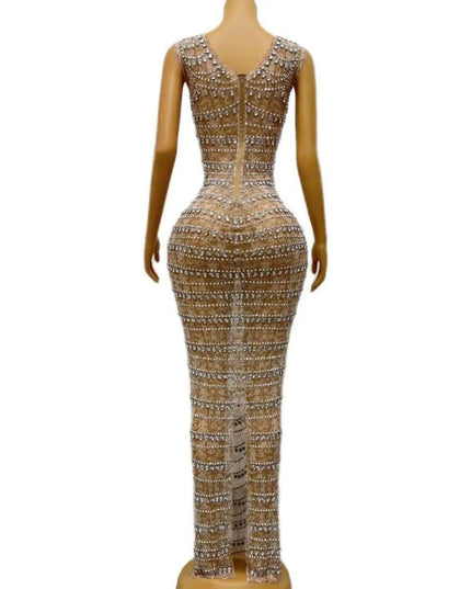 Sparkling Rhinestone-Studded Mesh Performance Dress for Nightclub Stars