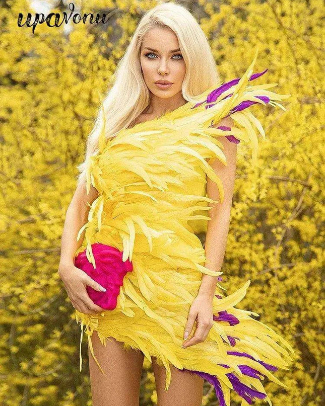 Golden Sunshine Feathered Asymmetrical Bodycon Gown