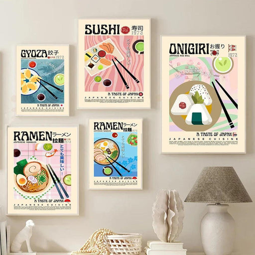 Asian Gourmet Canvas Art: Stunning Illustrations of Ramen, Sushi, and Dumplings for a Stylish Kitchen