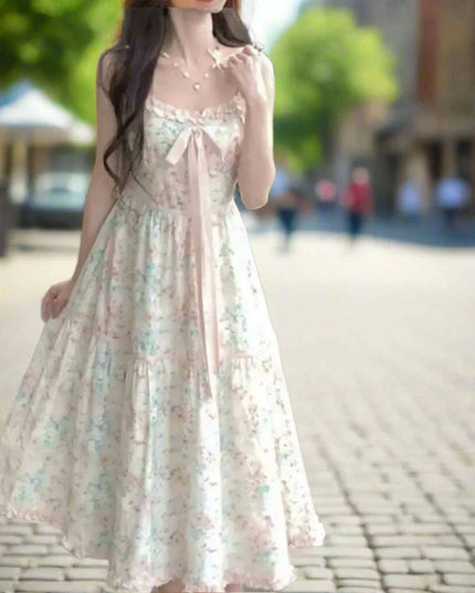 Floral Midi Dress with Adorable Bow - Trendy Korean Style Casual Evening Outfit for Women