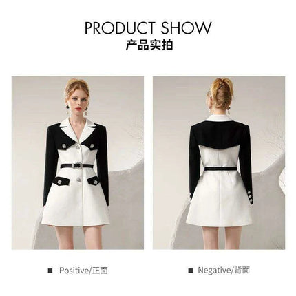 Chic Spring Black and White Business Suit Dress with Niche Waist Design