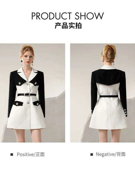 Chic Spring Black and White Business Suit Dress with Niche Waist Design