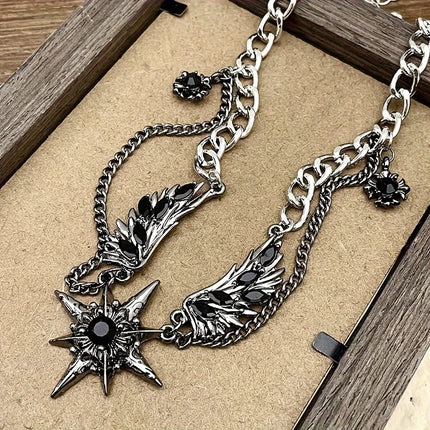 Gothic Reliquary Men's Wing Design Stainless Steel Necklace with Zirco