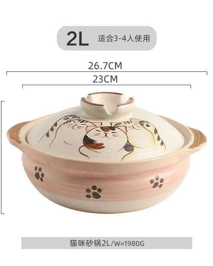 Elegant Japanese Cat-Themed Ceramic Stew Pot with Comfortable Double Ear Handles for Gourmet Cooking