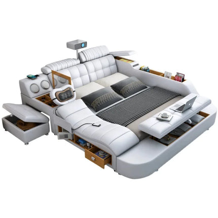 Leather Smart Bed with Built-In Massage, Overhead Projector & Underbed Storage