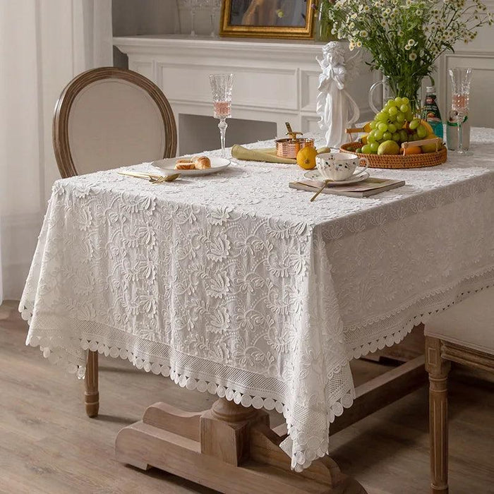 Elegant American Floral Lace Tablecloth with Handcrafted Embroidery