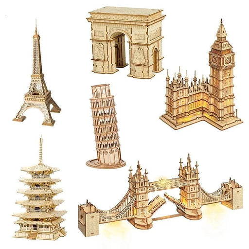 3D Architectural Wooden Puzzle Set: Build Big Ben, Tower Bridge & Five-Storied Pagoda