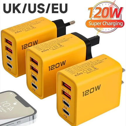 120W 4-Port Fast Charging Wall Charger — Dual PD USB-C & QC3.0