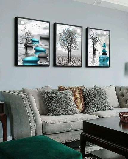 Elegant Blue Abstract Canvas Art Trio with Sleek Black Frames - 3-Piece Set, 20x28 inches Each