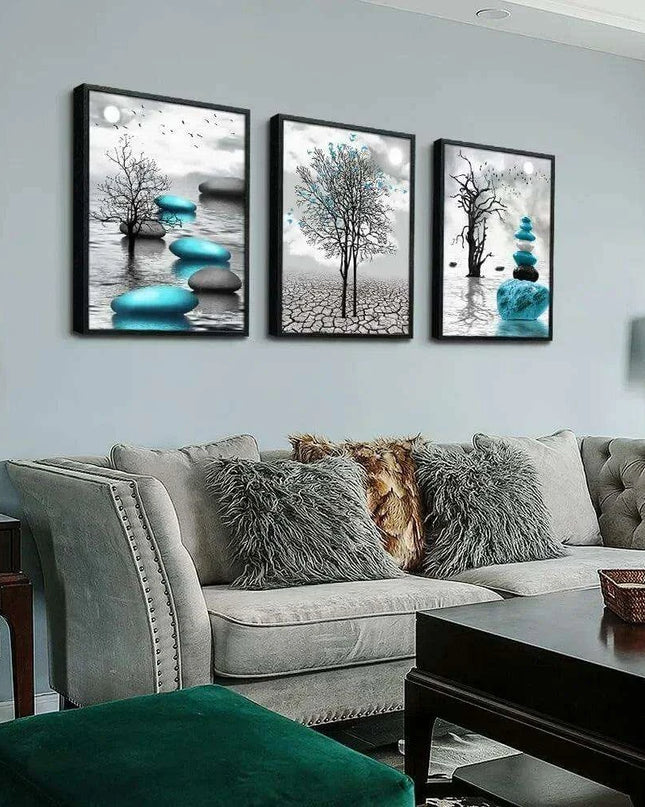Elegant Blue Abstract Canvas Art Trio with Sleek Black Frames - 3-Piece Set, 20x28 inches Each