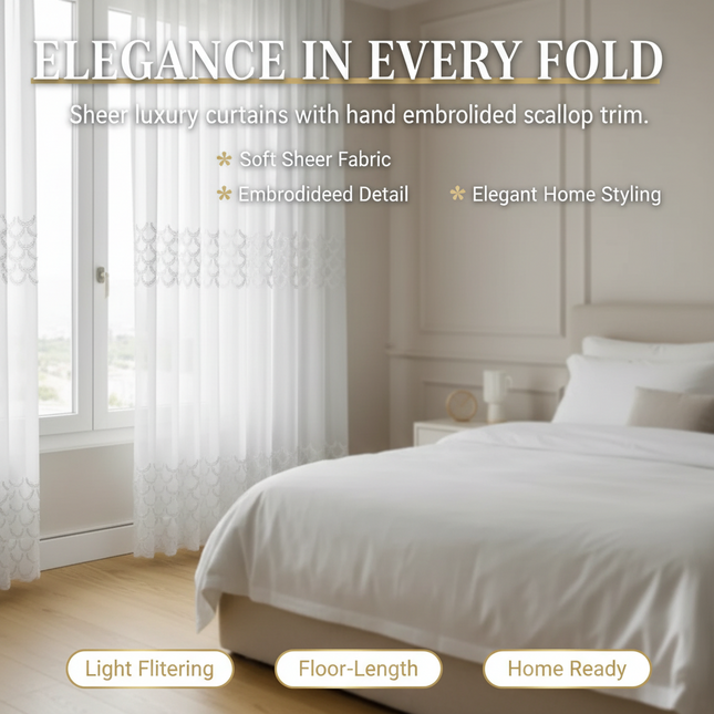 Embroidered Sequin & Pearl Sheer Curtain Panel — Custom Width, 4 Heading Styles | Très Elite