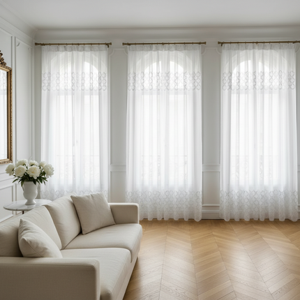 Embroidered Sequin & Pearl Sheer Curtain Panel — Custom Width, 4 Heading Styles | Très Elite