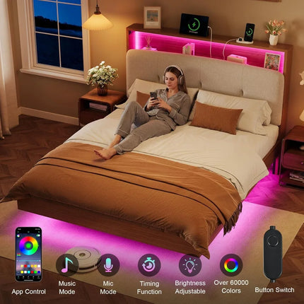 Floating Queen Bed Frame w/ LED Lights & Charging Station, Wood Platform, No Box Spring Needed, Walnut floating-queen-bed-frame-w-led-lights-charging-station-wood-platform-no-box-spring-needed-walnut-1