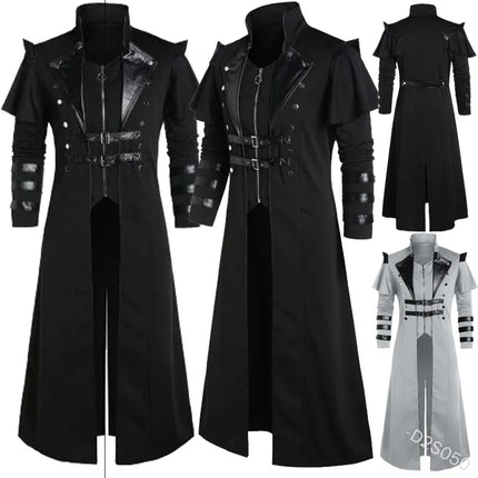 Vintage Halloween Medieval Steampunk Assassin Elves Pirate Costume Adult Men Black Long Split Jacket Gothic Armor Leather Coats vintage-halloween-medieval-steampunk-assassin-elves-pirate-costume-adult-men-black-long-split-jacket-gothic-armor-leather-coats