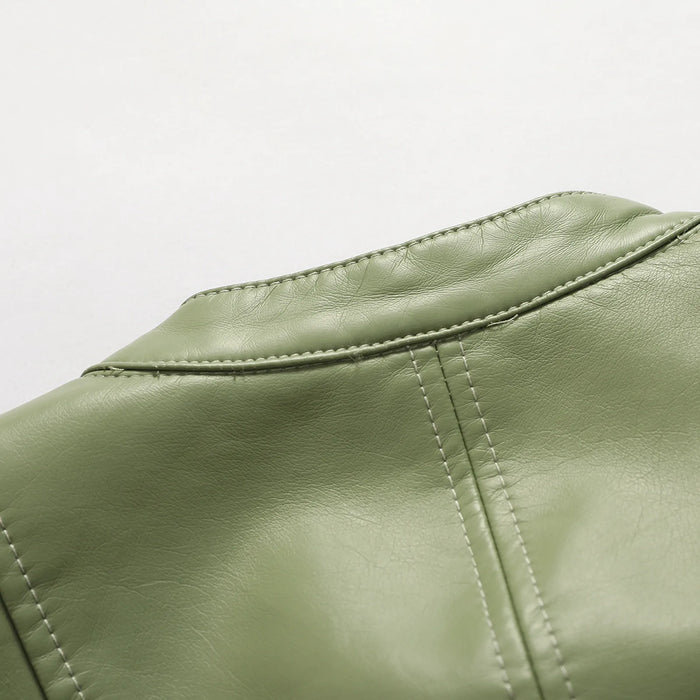 Chic Women's Vintage Moto Jacket - Sleek Faux Leather Zip Coat with Lapel