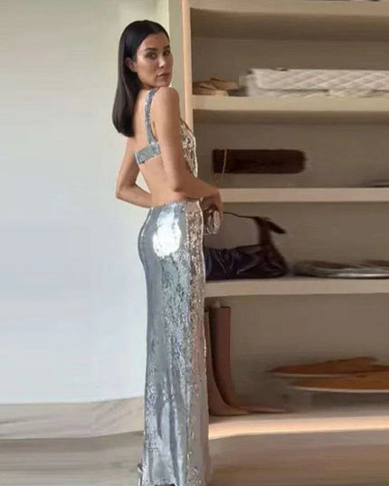 Elegant Silver Backless Maxi Gown - Chic Evening Event Wear