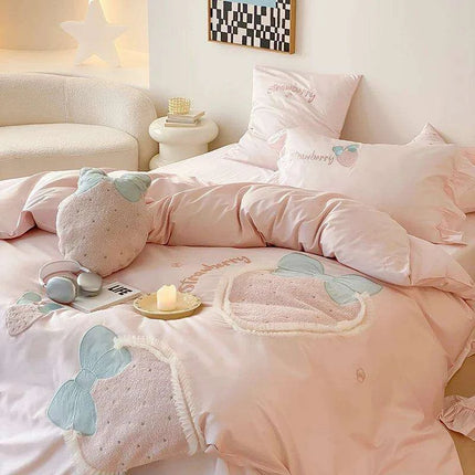 Charming Pink 1000TC Egyptian Cotton Strawberry Embroidery Bedding Set with Duvet Cover, Bed Sheet, and Pillowcases - Available in 4/5 Piece Variants