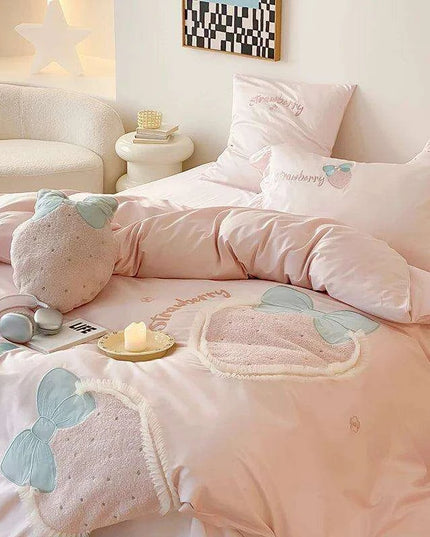 Charming Pink 1000TC Egyptian Cotton Strawberry Embroidery Bedding Set with Duvet Cover, Bed Sheet, and Pillowcases - Available in 4/5 Piece Variants