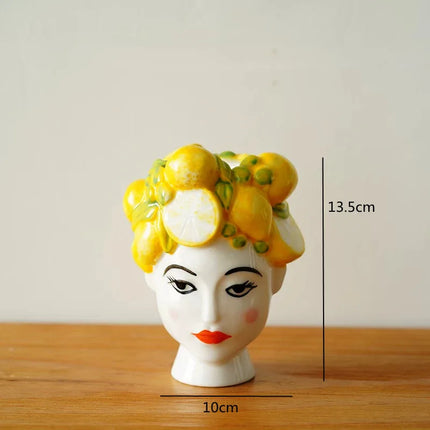 Hand Drawn Lemon Relief Ceramic Vase, Lemon Girl Desktop Flower Vase,