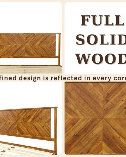 Rustic Golden Brown Acacia Wood Queen Bed Frame with Herringbone Headboard