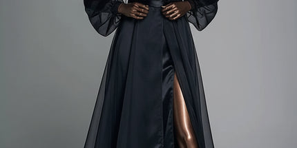 QINGSHUJI Elegant Vintage Sheer Mesh Maxi Dress with Split Hem