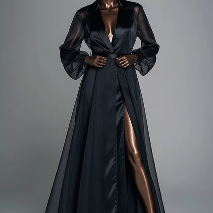 QINGSHUJI Elegant Vintage Sheer Mesh Maxi Dress with Split Hem