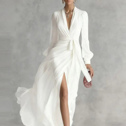 Deep V Neck Long Sleeve Maxi Dress — Wrap Tie Waist, High Slit