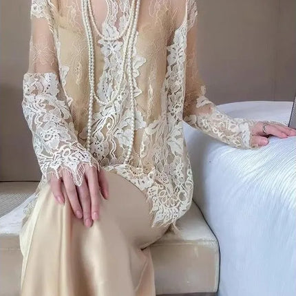 Elegant Long Sleeve Lace Top – Hollow-Out, Round Neck, Apricot