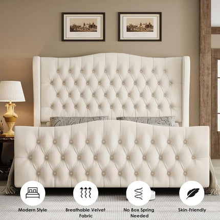 King Size 54.3" Tall Platform Bed Frame with Wingback Headboard, Velvet Upholstered, No Box Spring Needed, Beige king-size-54-3-tall-platform-bed-frame-with-wingback-headboard-velvet-upholstered-no-box-spring-needed-beige